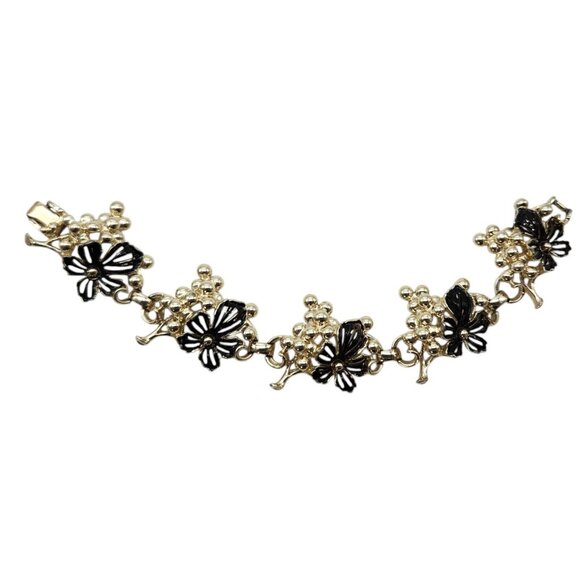 Vintage Sarah Coventry Bracelet Golden Grape Clusters and Black Flowers 7in. - Picture 1 of 6
